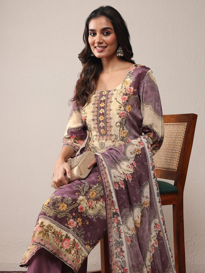 Mauve Printed Silk Blend Straight Suit Set With Dupatta