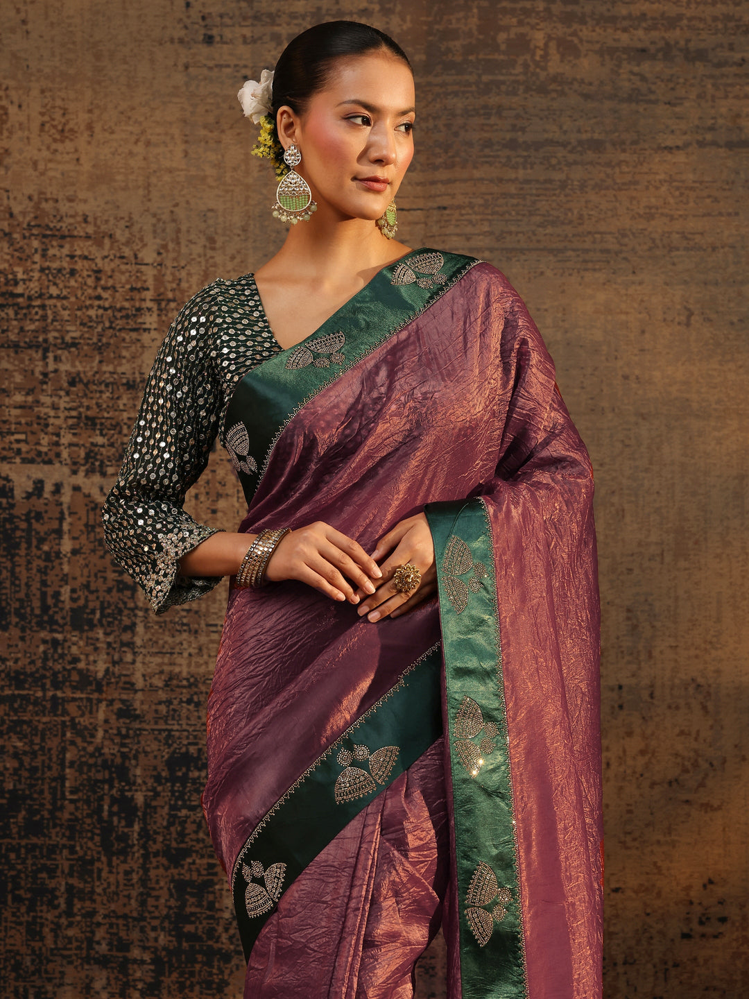 Mauve Solid Tissue Saree With Unstitched Blouse Piece