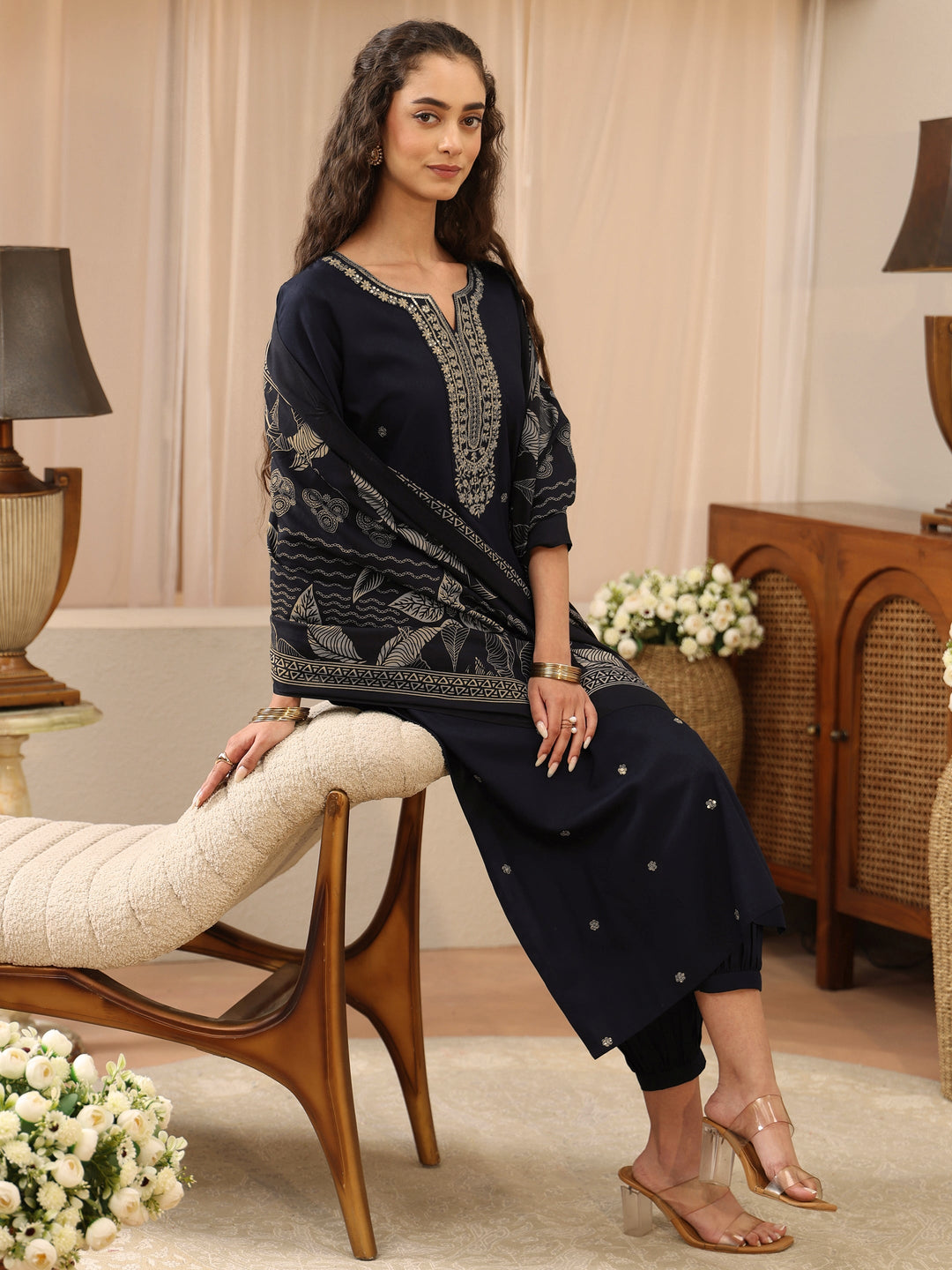 Midnight Blue Embellished Yoke Rayon Straight Suit Set