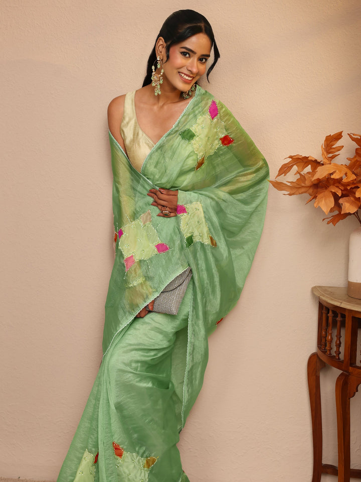 Libas Mint Green Applique Embellished Organza Saree