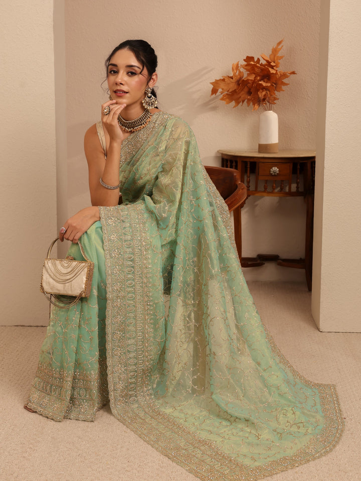 Libas Mint Green Floral Embroidered Net Saree