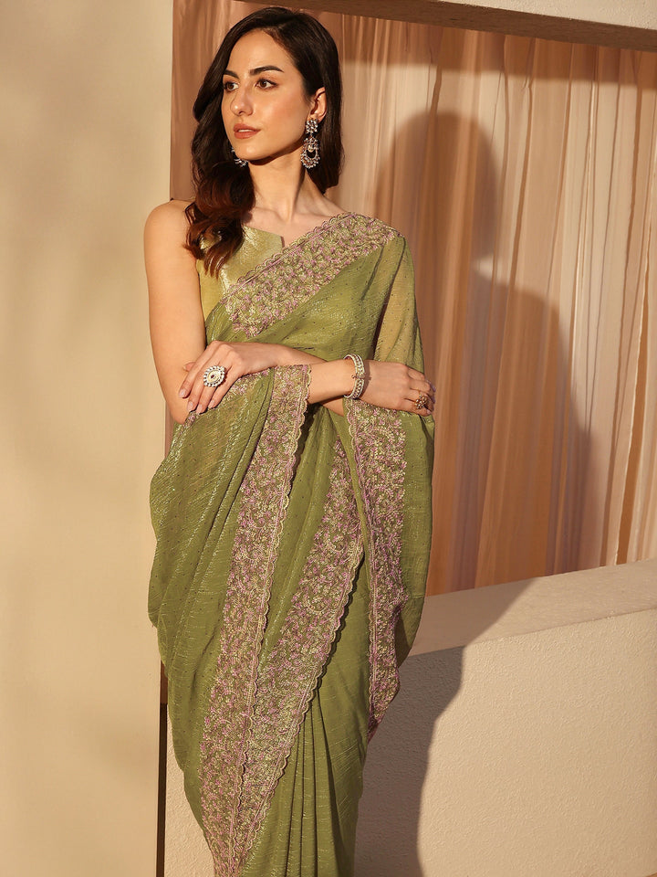 Moss Green Embellished Tissue Saree