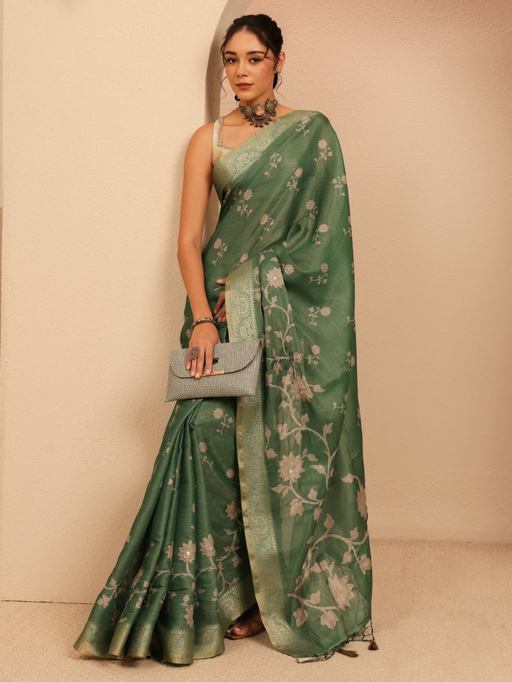 Libas Moss Green Floral Printed Silk Blend Saree