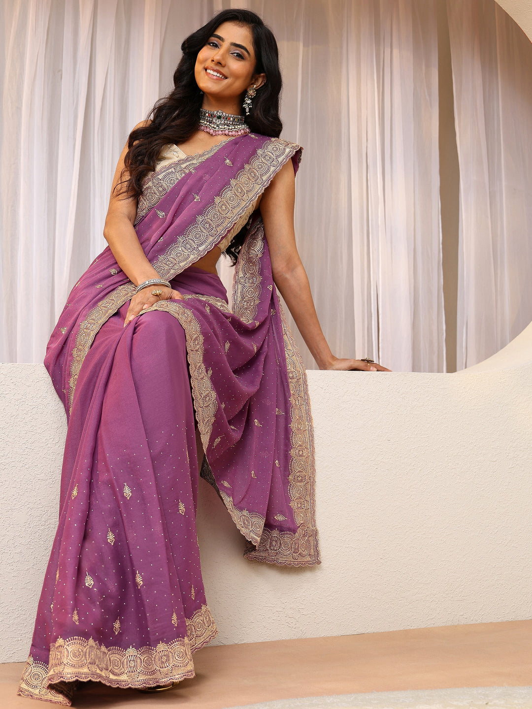 Mulberry Purple Tissue Saree With Embellished Border