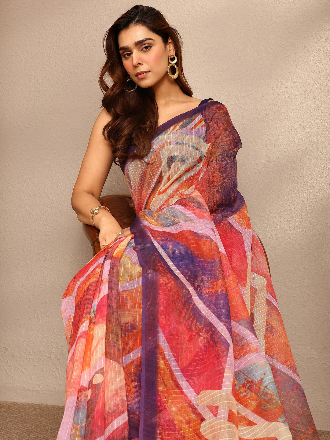 Multi Abstract Printed Cotton Blend Saree With Unstitched Blouse Piece