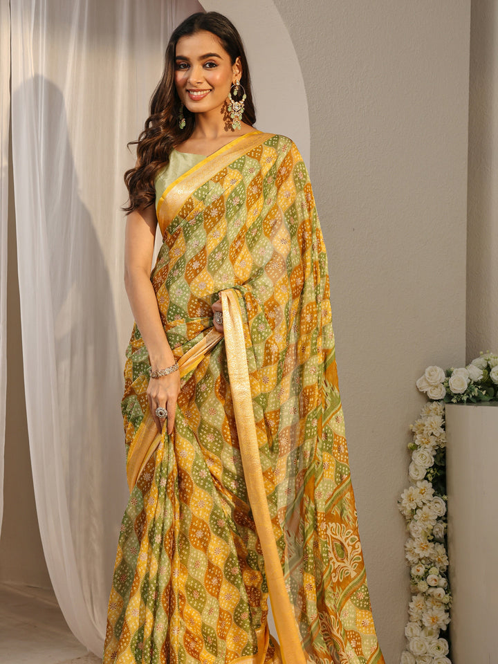 Multi Bandhani Printed Chiffon Saree With Unstitched Blouse Piece