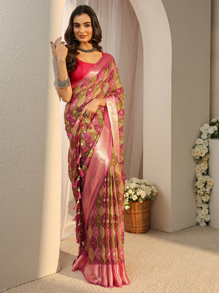 Multi Bandhani Printed Chiffon Saree With Unstitched Blouse Piece