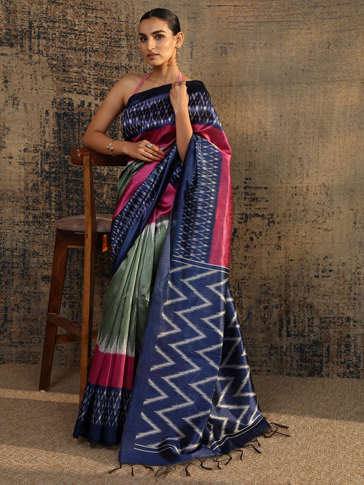 Multi Chevron Printed Silk Saree With Unstitched Blouse Piece