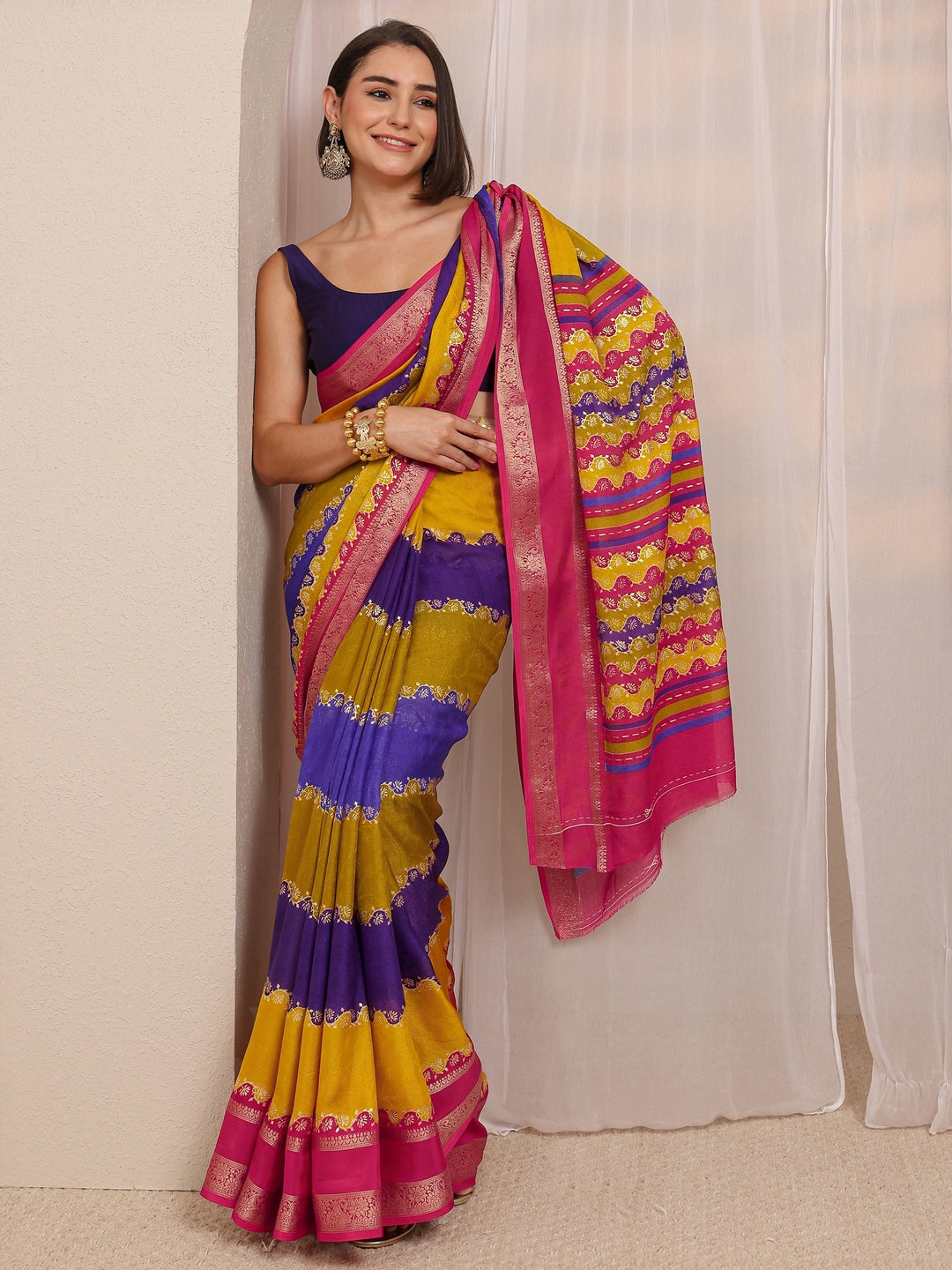 Multi Color Block Silk Blend Saree 
With Unstitched Blouse Piece