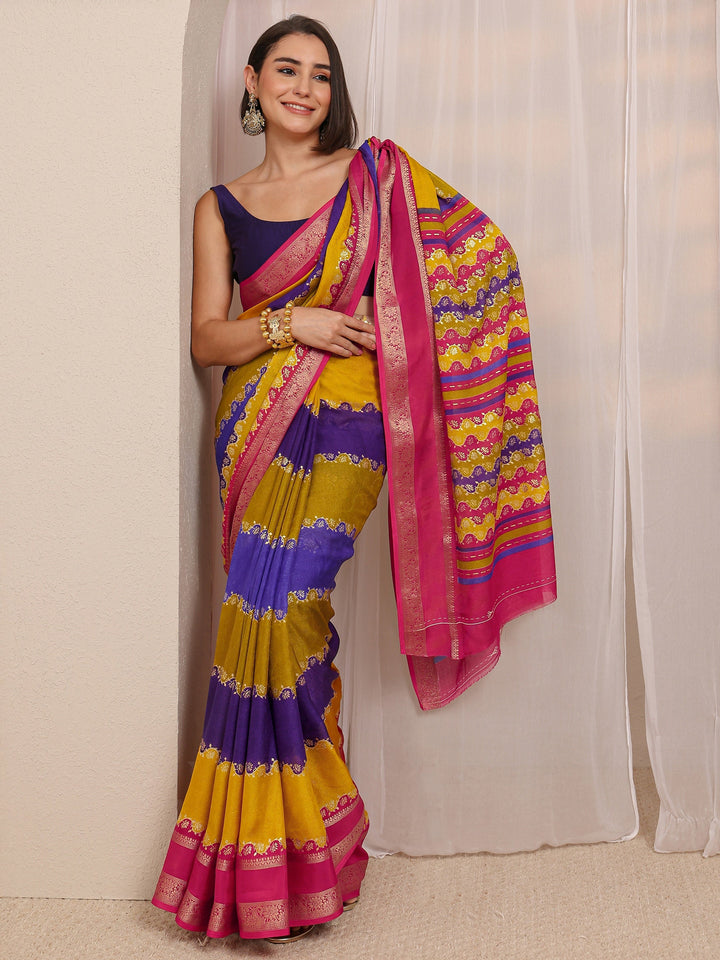 Multi Color Block Silk Blend Saree 
With Unstitched Blouse Piece