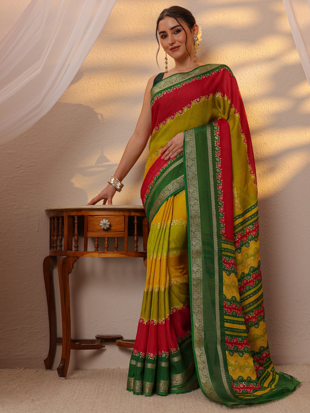 Multi Color Block Silk Blend Saree 
With Unstitched Blouse Piece