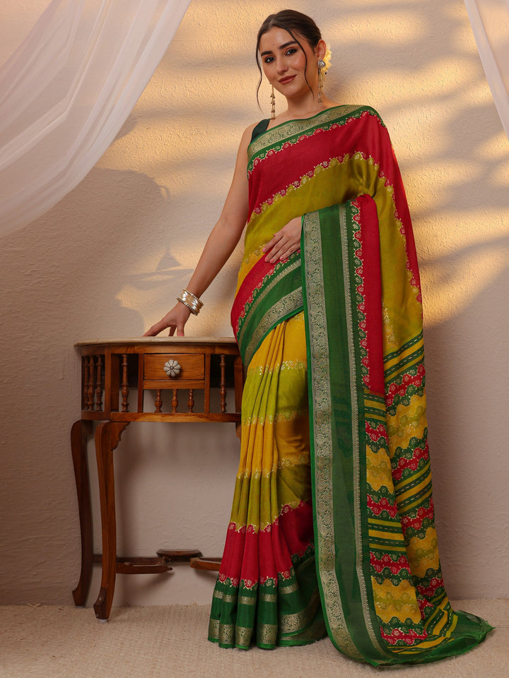 Multi Color Block Silk Blend Saree 
With Unstitched Blouse Piece