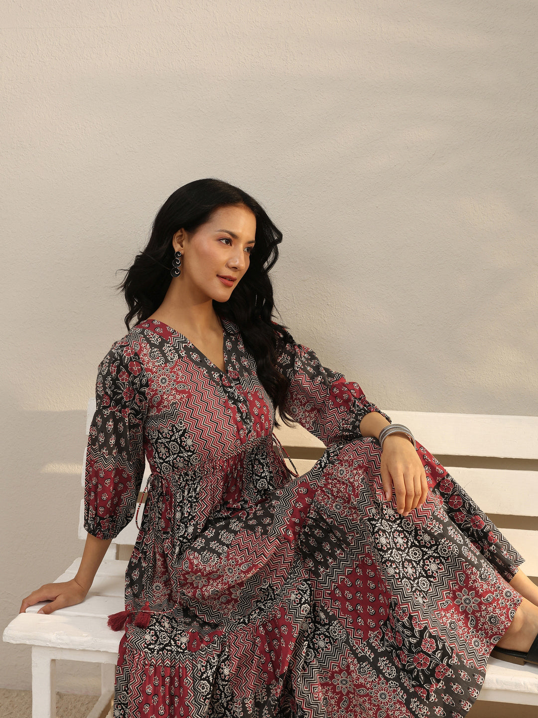 Multi Colour Ethnic Printed Cotton A-Line One Piece Dress