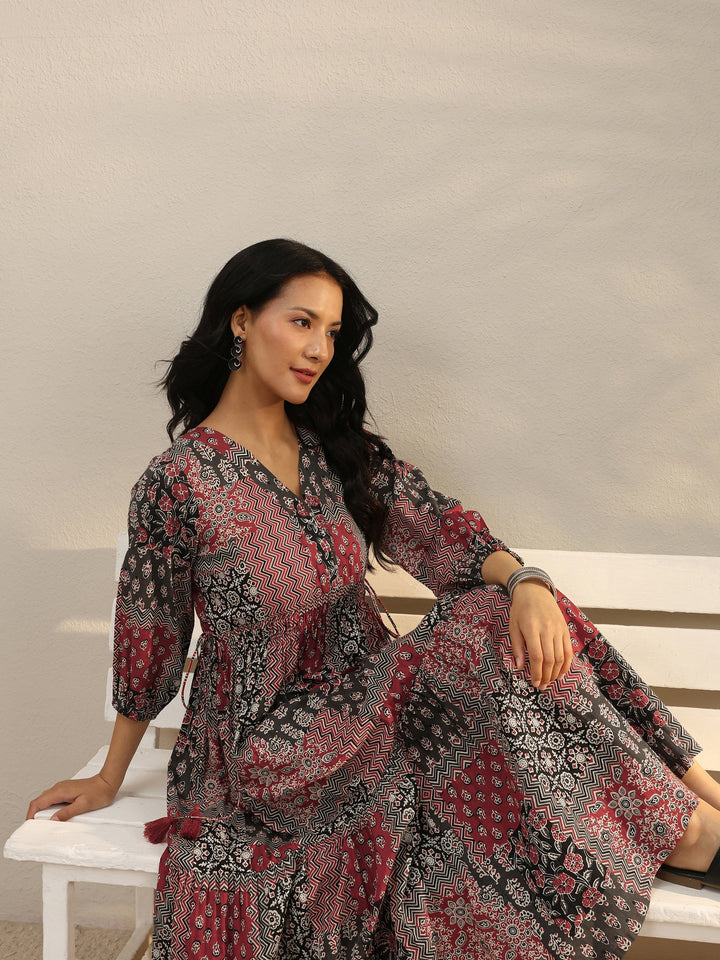 Multi Colour Ethnic Printed Cotton A-Line One Piece Dress