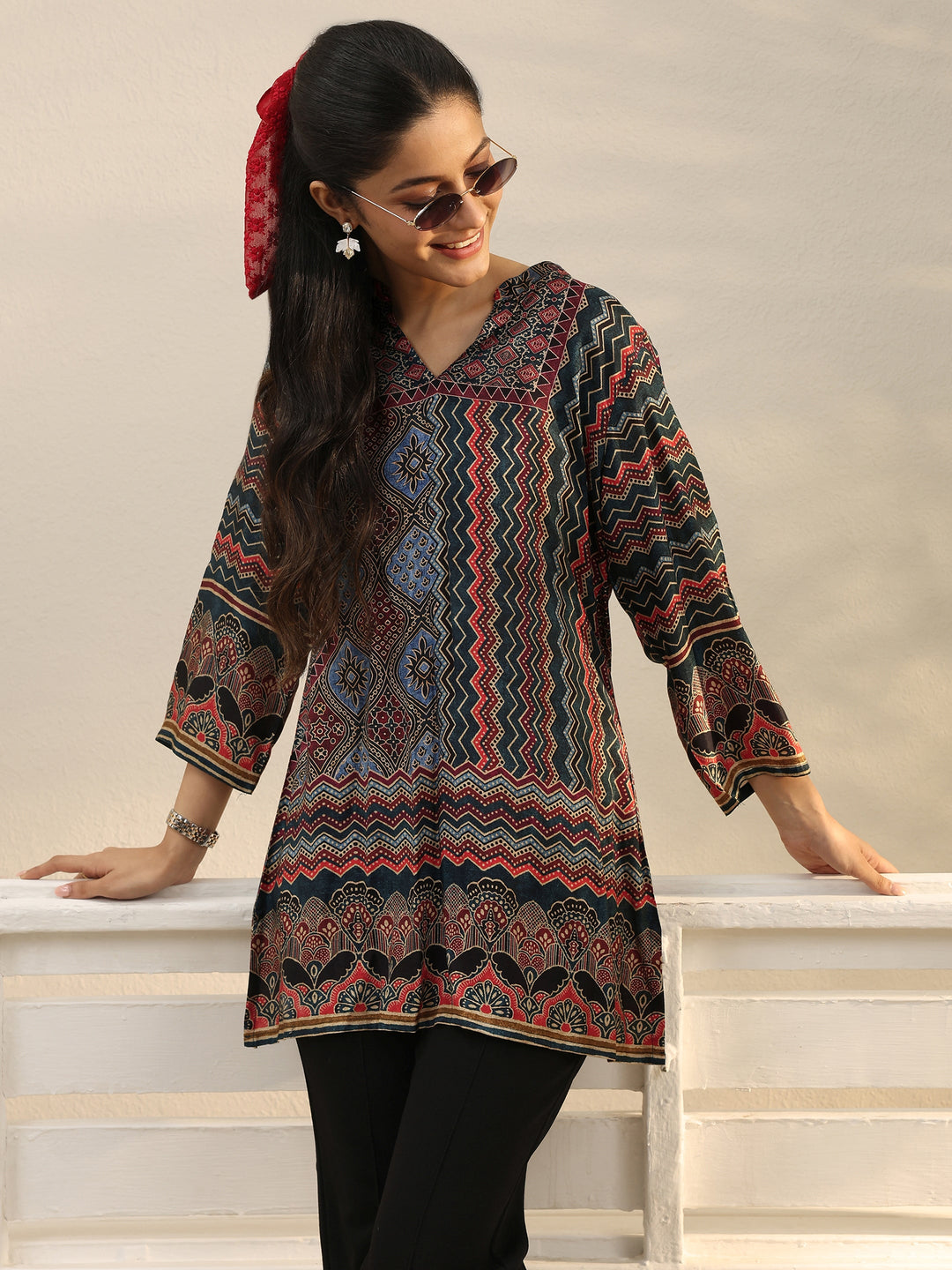 Multi Colour Ethnic Printed Silk Blend Straight Short Kurti