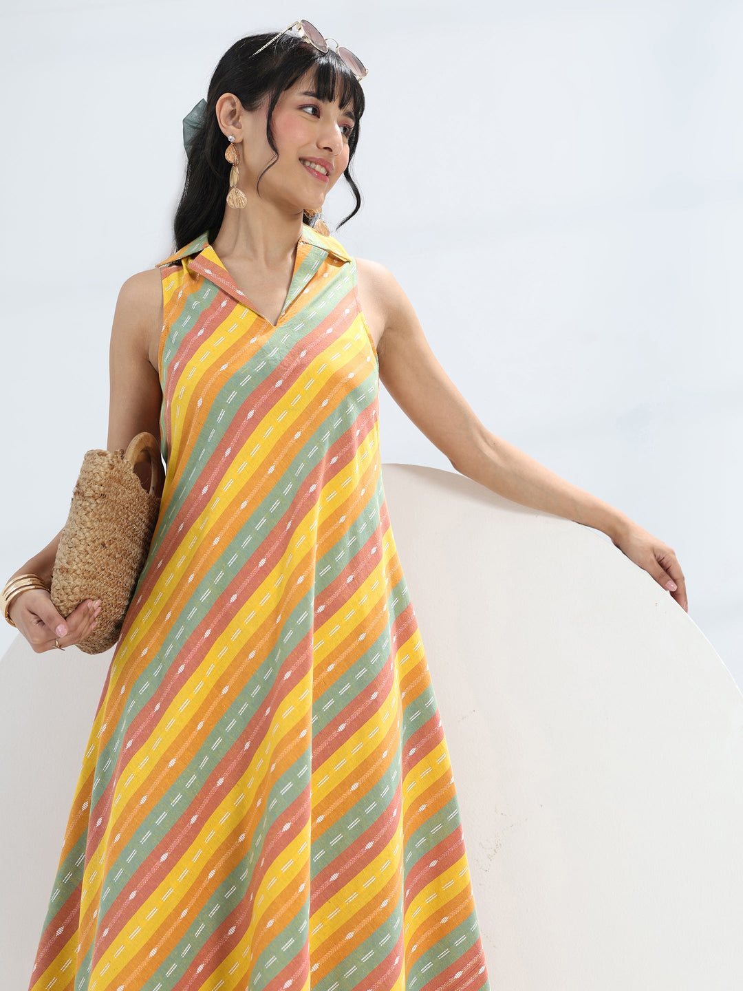 Multi-Colour Woven Design A-Line Cotton Blend One-Piece Collar Dress