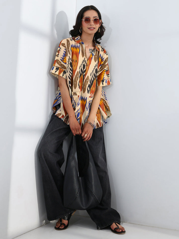Multi- Coloured Abstract Printed Cotton Straight Short Kurti