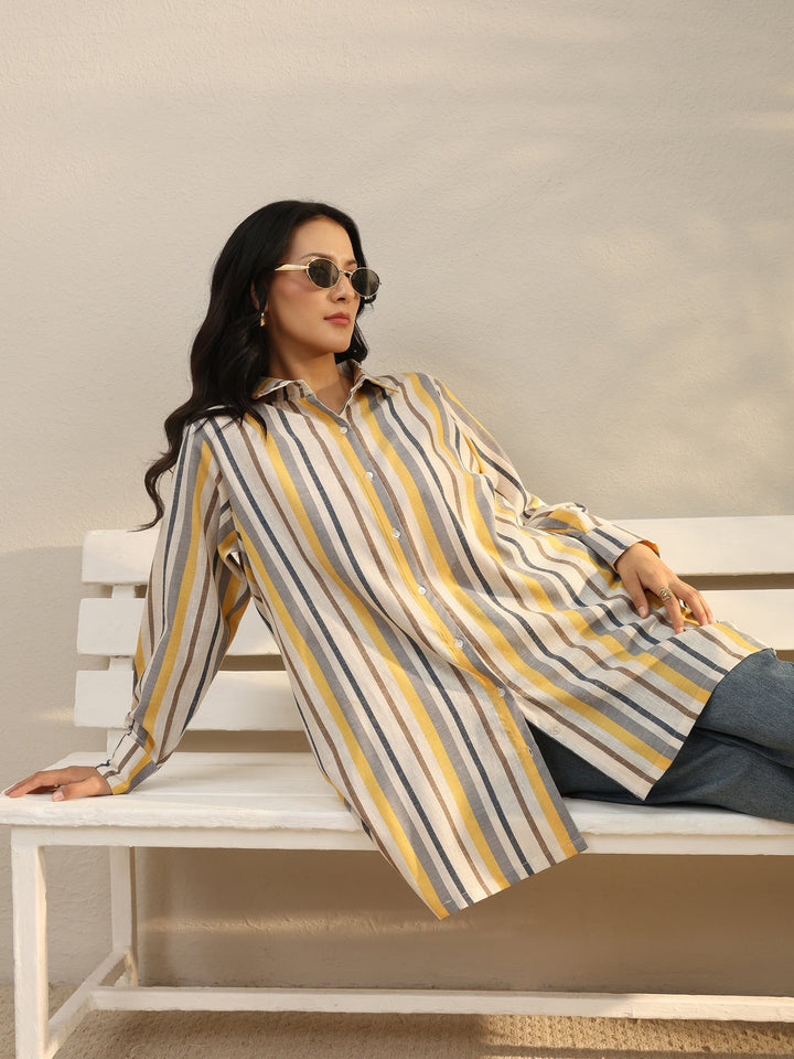 Multi Coloured Striped Printed Cotton Blend Shirt