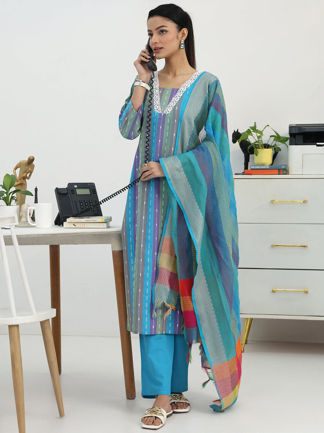 Multi Ethnic Motif Woven Design Cotton Blend Straight Suit Set With Dupatta