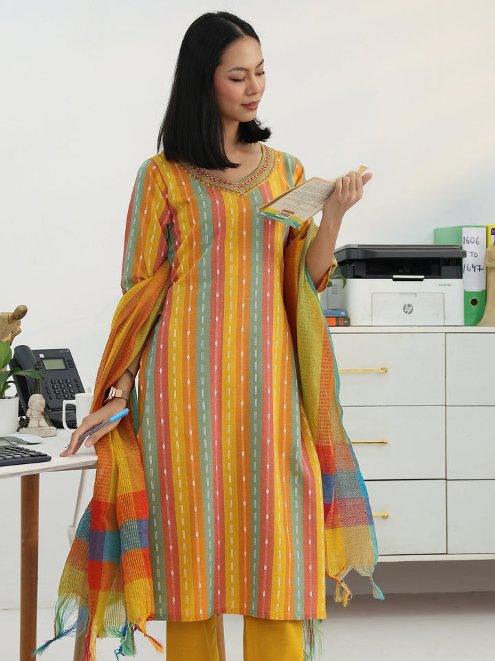 Multi Ethnic Motif Woven Design Cotton Blend Straight Suit Set With Dupatta