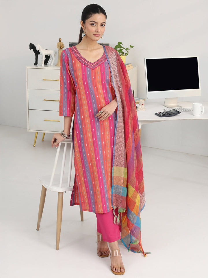 Sleek Pink Multi-Striped Cotton Blend Handloom Straight Suit Set