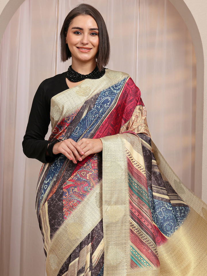 Multi Ethnic Motifs Printed Silk Blend Saree 
With Unstitched Blouse Piece