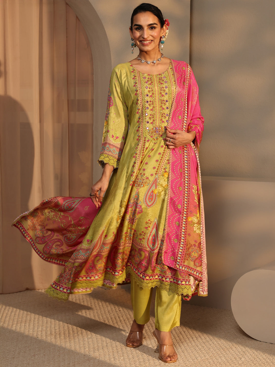 Multi Floral Muslin A-Line Suit Set With Dupatta