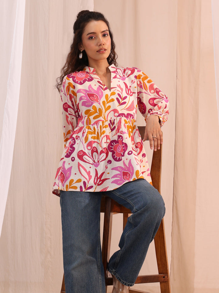 Libas Multi Floral Printed Cotton Anarkali Short Kurti