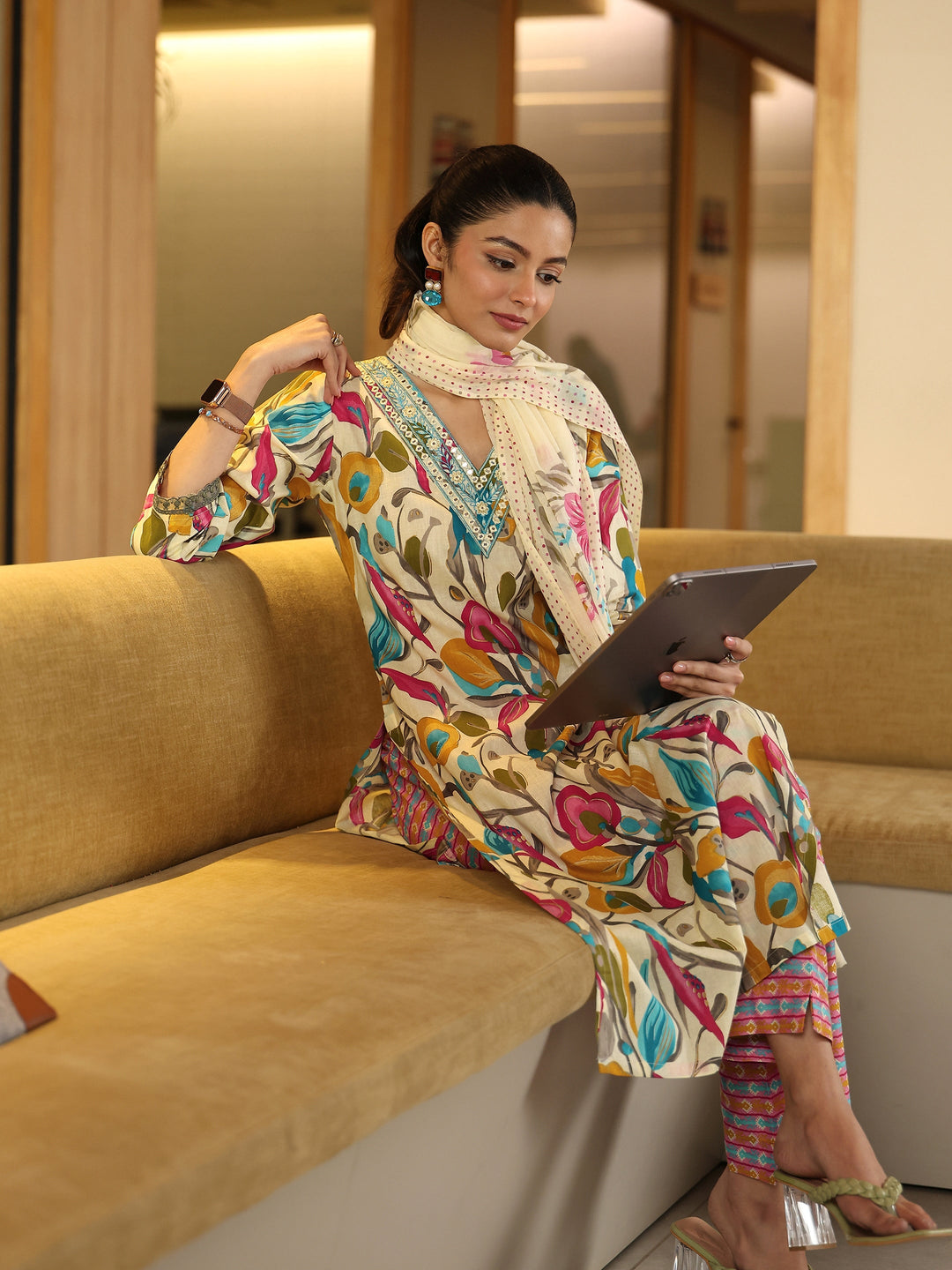 Multi Floral Woven Design Cotton Blend A-Line Suit Set With Dupatta