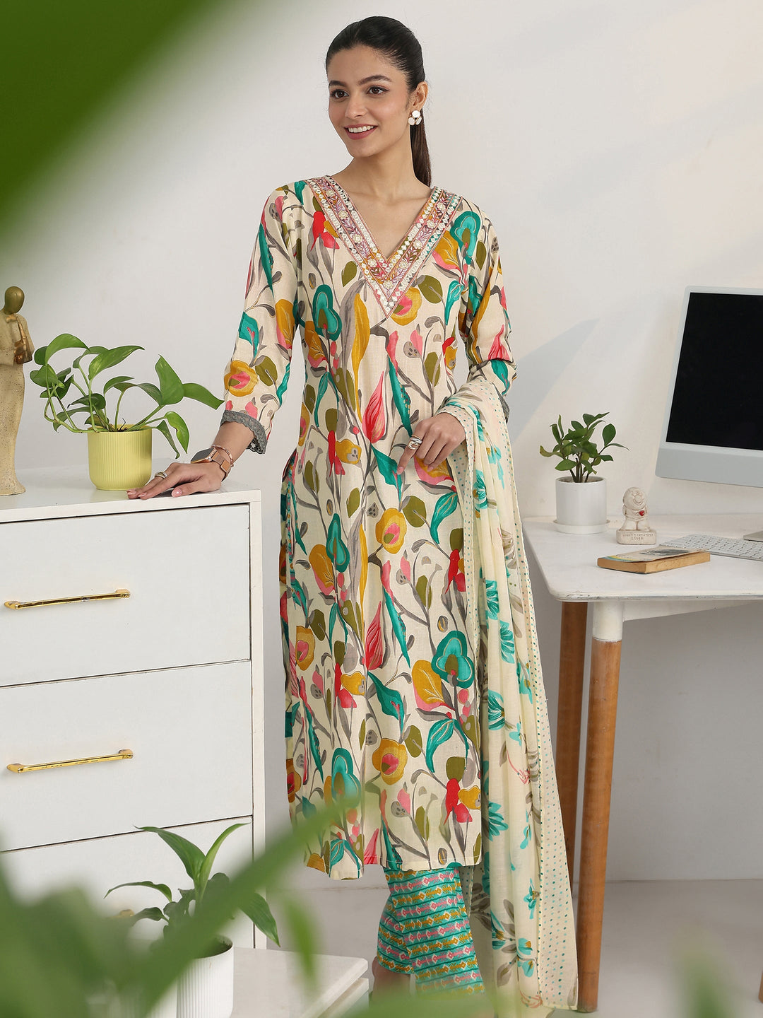Multi Floral Woven Design Cotton Blend Straight Suit Set With Dupatta
