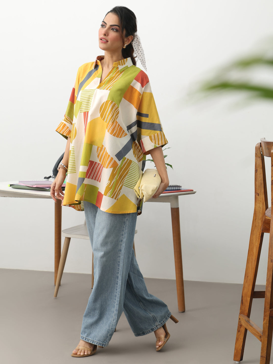 Multi Geometric Printed Cotton Blend A-Line Short Kurti