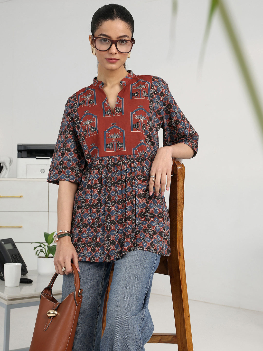 Multi Geometric Printed Cotton Blend A-Line Short Kurti