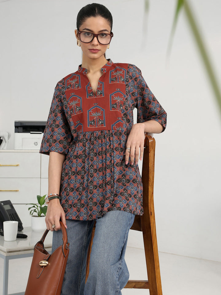 Multi Geometric Printed Cotton Blend A-Line Short Kurti