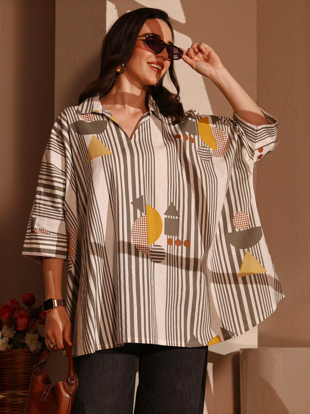 Multi Geometric Printed Cotton Straight Short Kurti