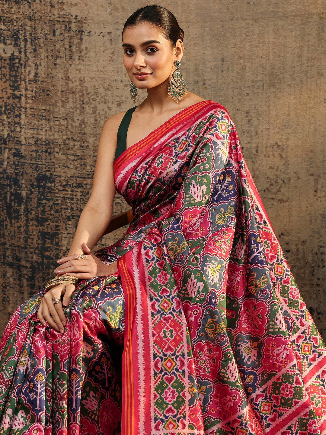 Multi Ikat Printed Silk Saree With Unstitched Blouse Piece