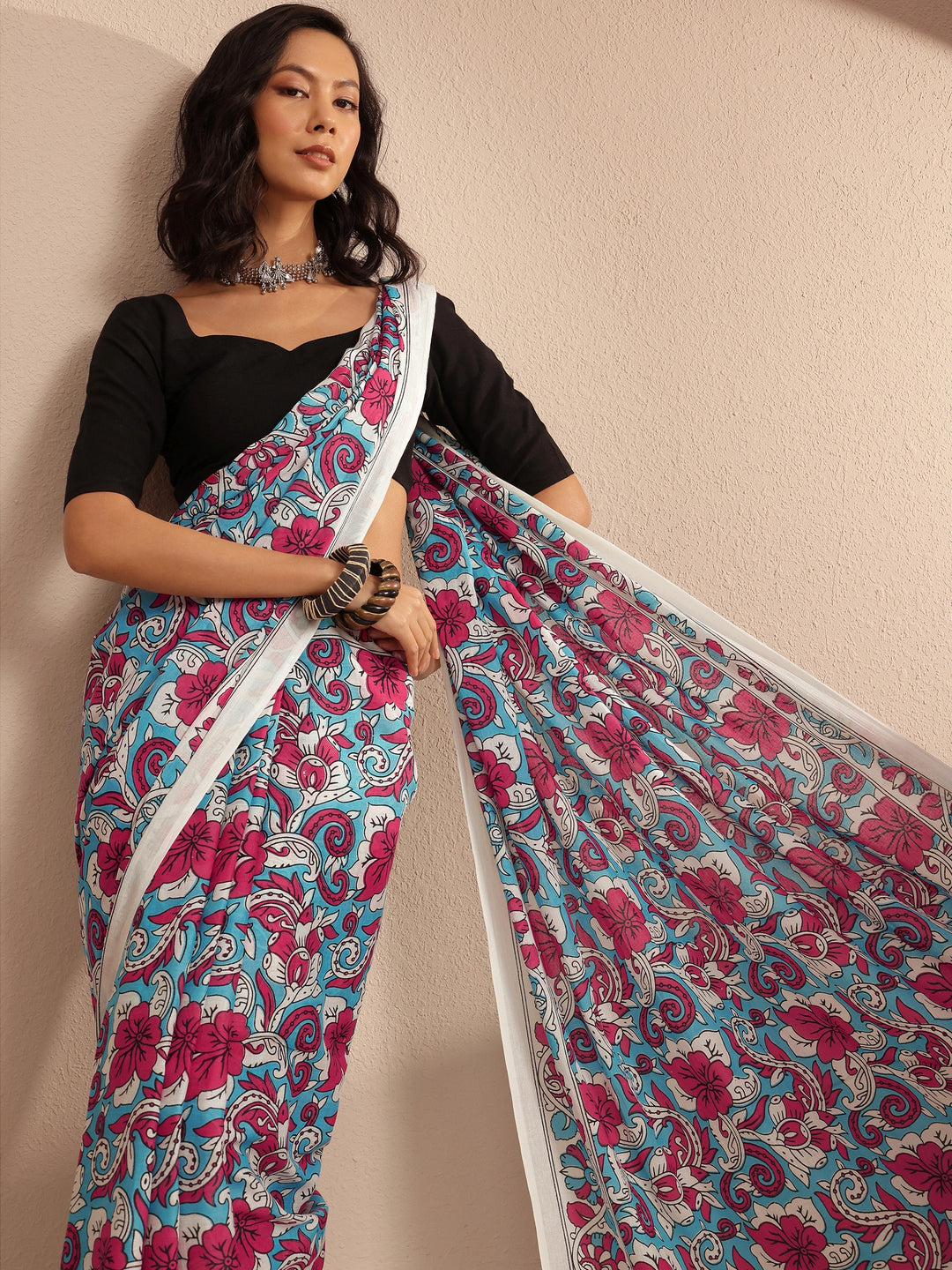 Multi Printed Cotton Saree With Unstitched Blouse Piece