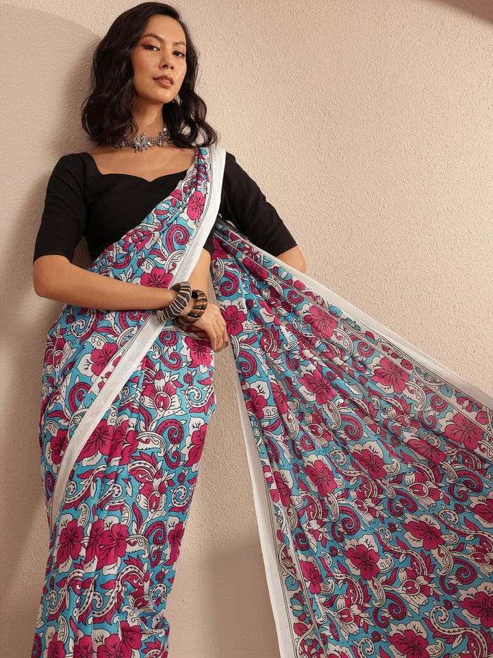 Multi Printed Cotton Saree With Unstitched Blouse Piece
