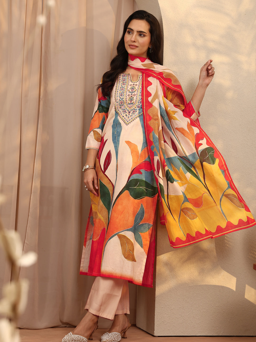 Multi Printed Cotton Straight Suit Set With Dupatta