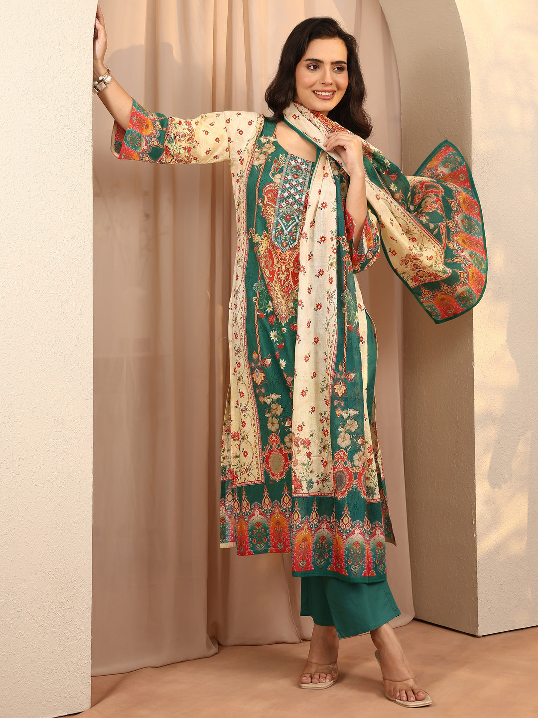Multi Printed Cotton Straight Suit Set With Dupatta