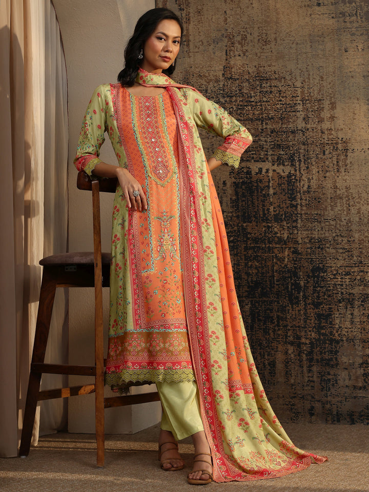 Multi Printed Muslin A-Line Suit Set With Dupatta