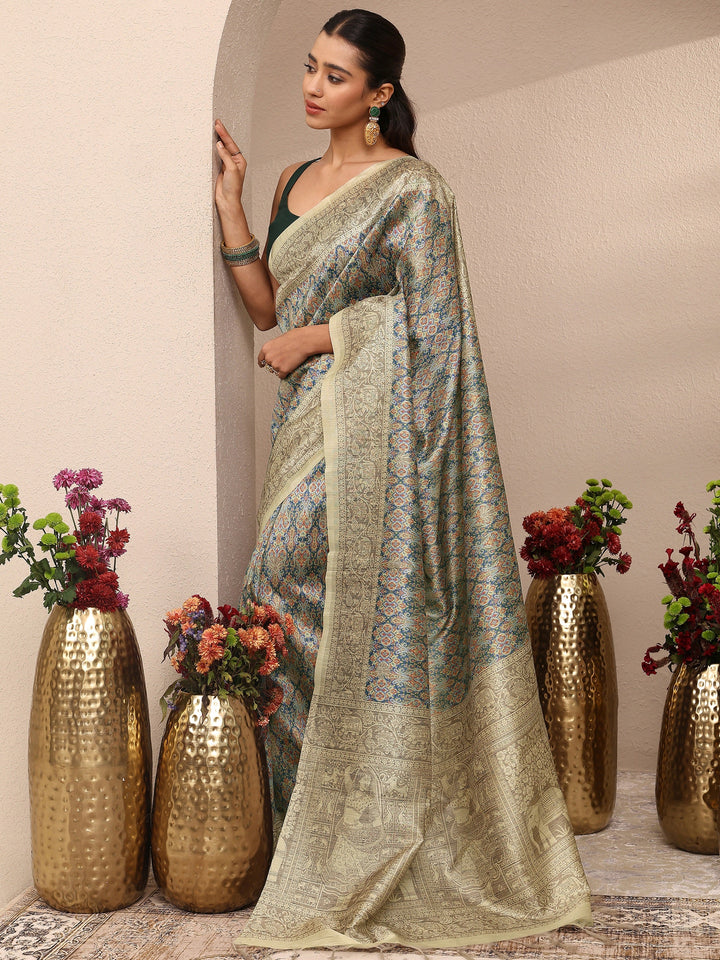 Multi Printed Silk Blend Saree With Unstitched Blouse Piece