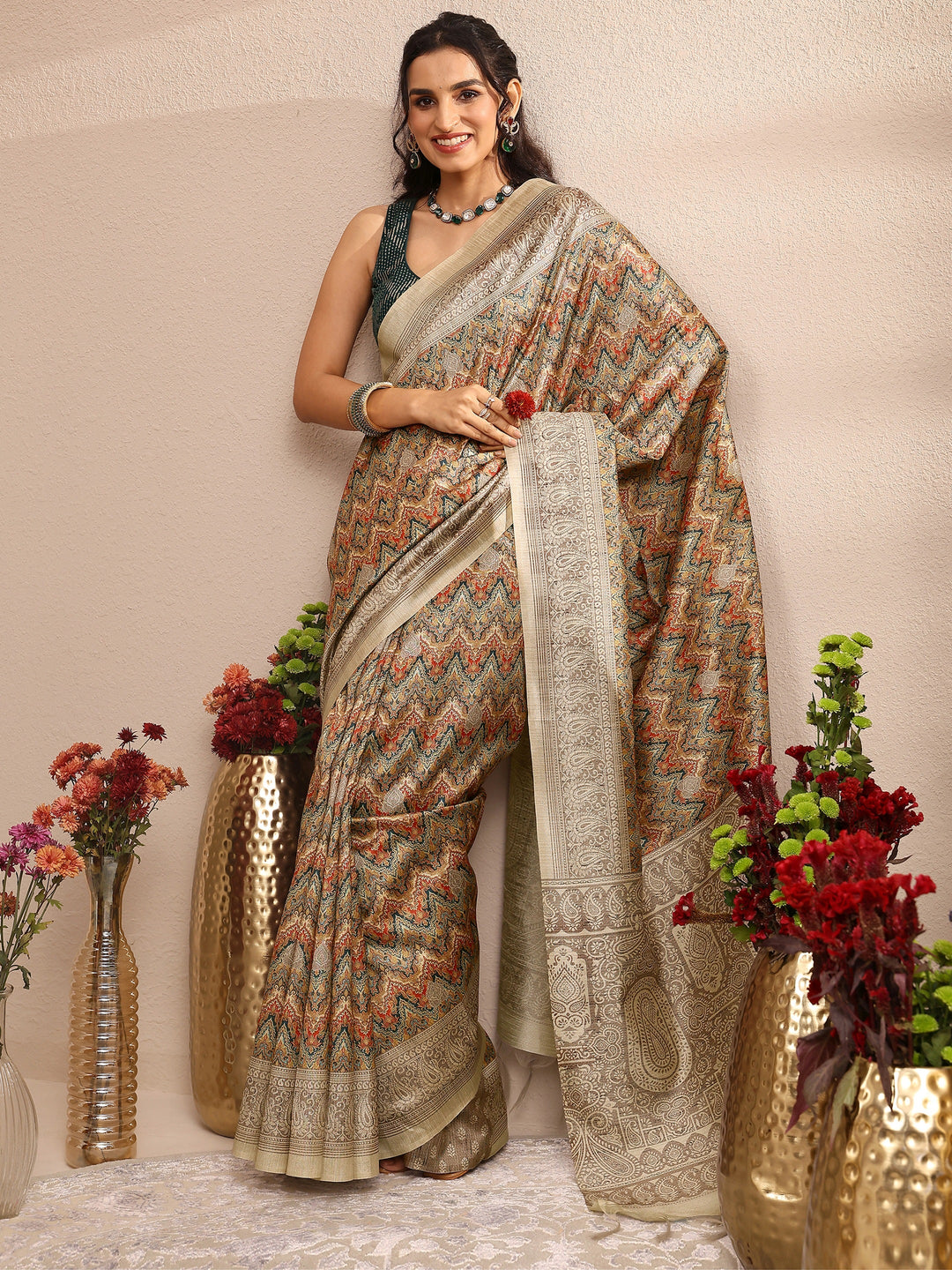 Multi Printed Silk Blend Saree With Unstitched Blouse Piece