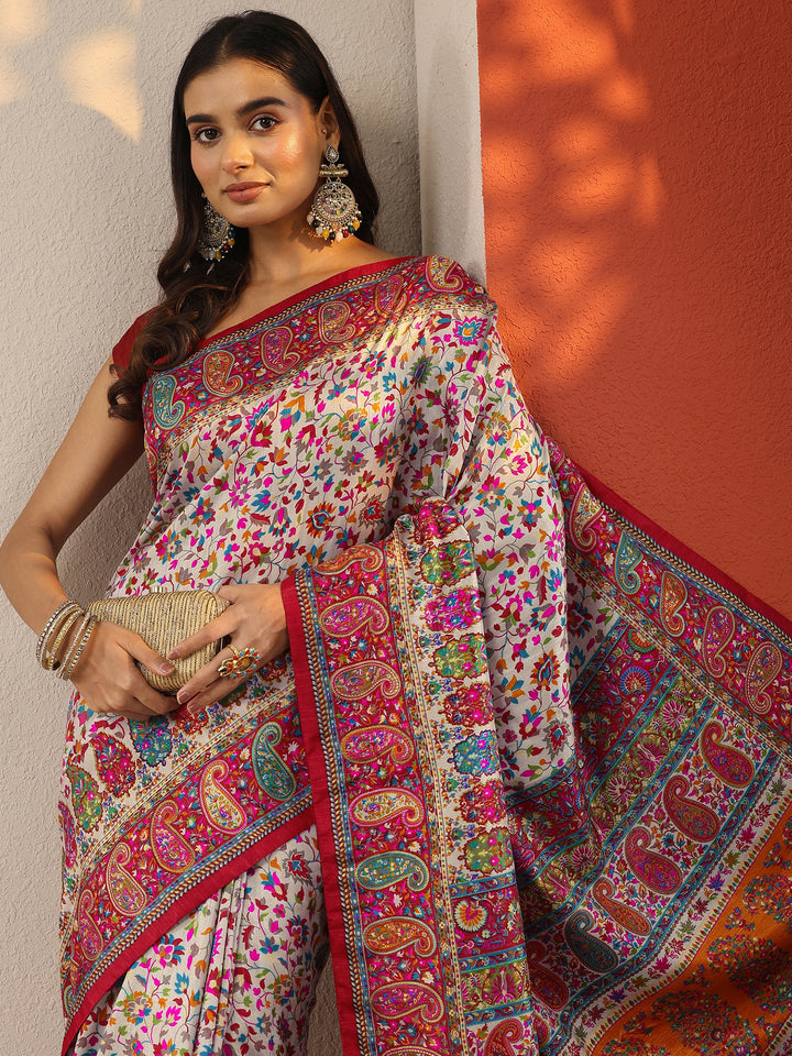 Multi Printed Silk Blend Saree With Unstitched Blouse Piece