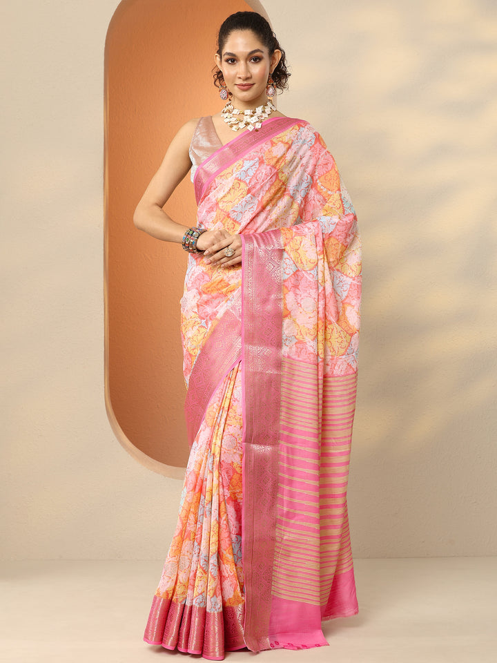 Multi Printed Silk Blend Saree With Unstitched Blouse Piece