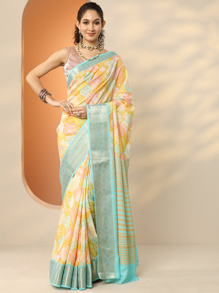 Multi Printed Silk Blend Saree With Unstitched Blouse Piece