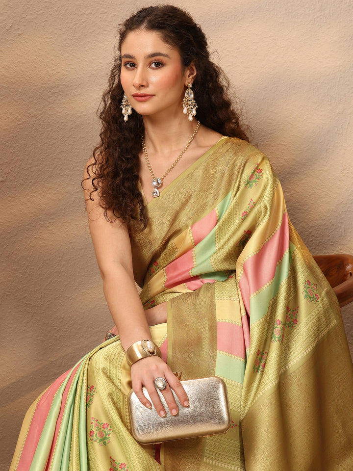 Multi Printed Silk Blend Saree With Unstitched Blouse Piece