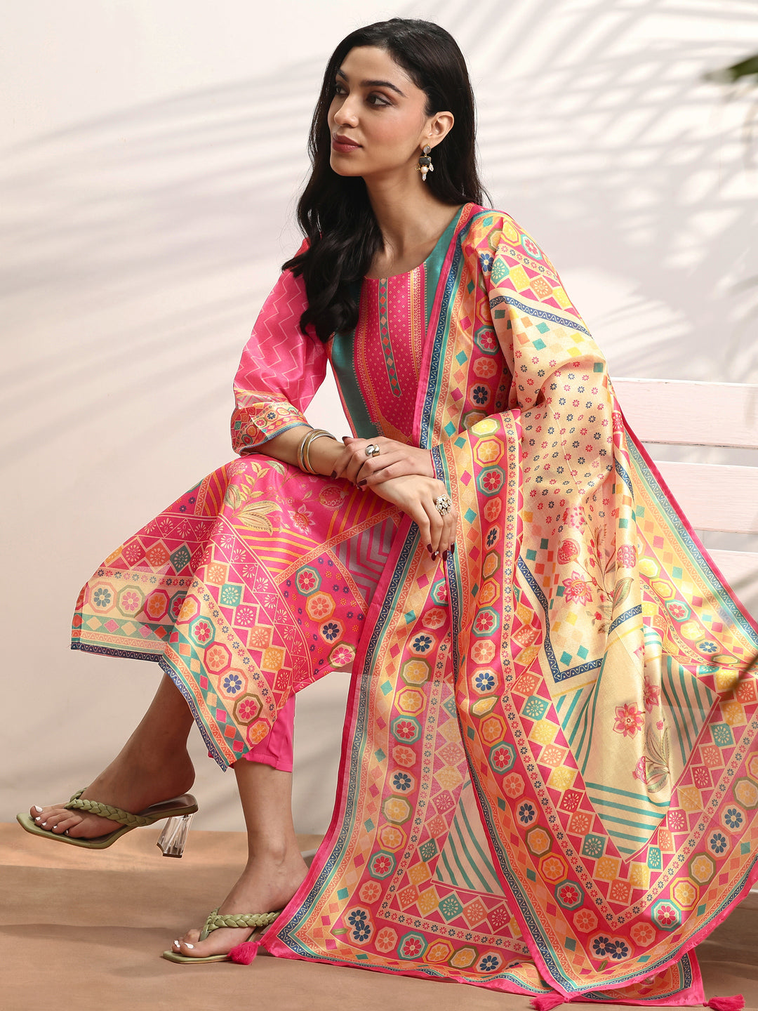 Multi Printed Silk blend Straight Suit Set With Dupatta