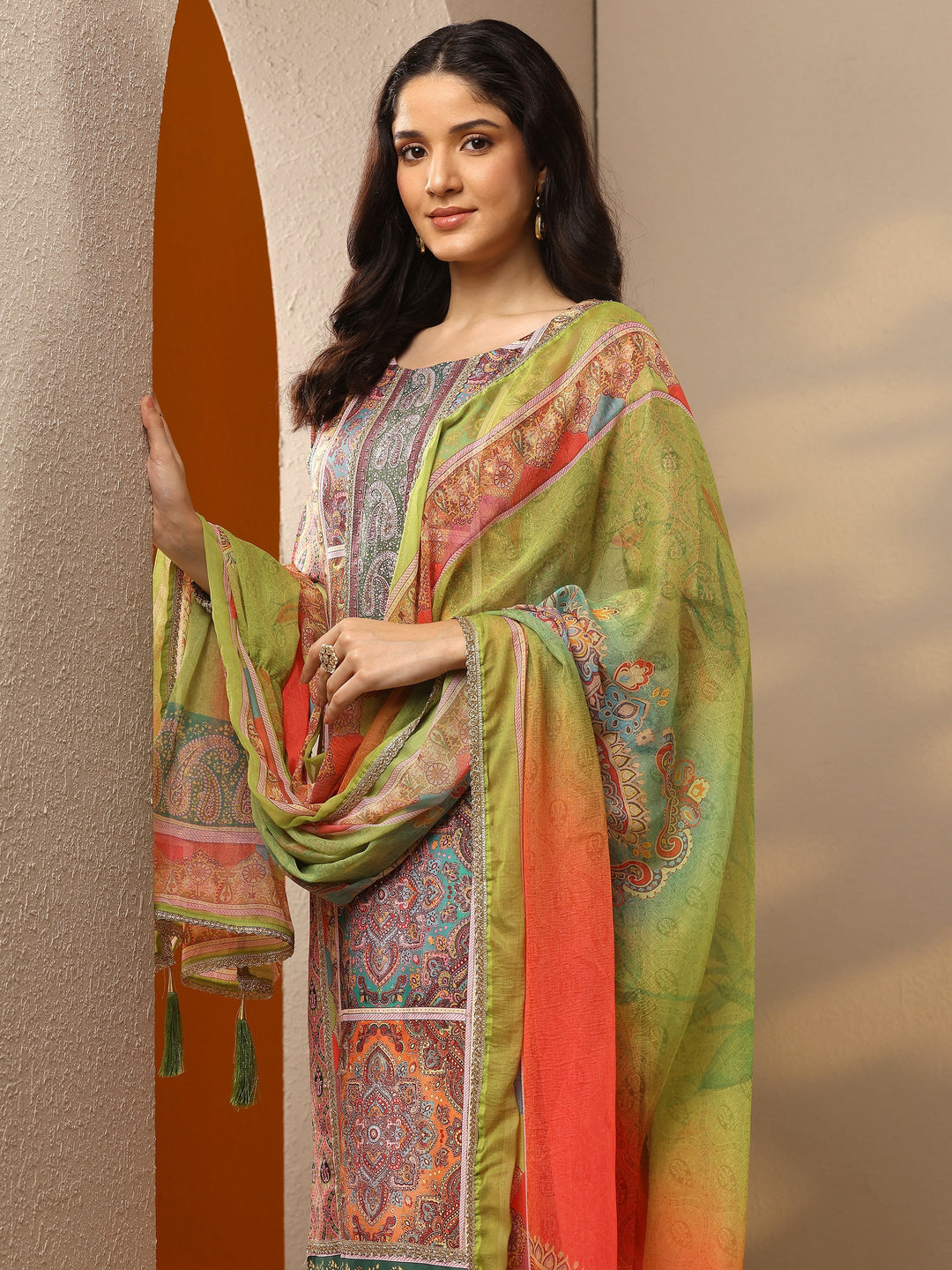Multi Printed Silk Blend Straight Suit Set With Dupatta