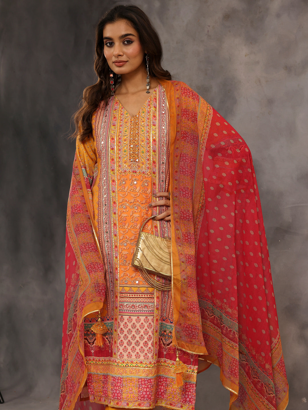 Multi Printed Silk Blend Straight Suit Set With Dupatta