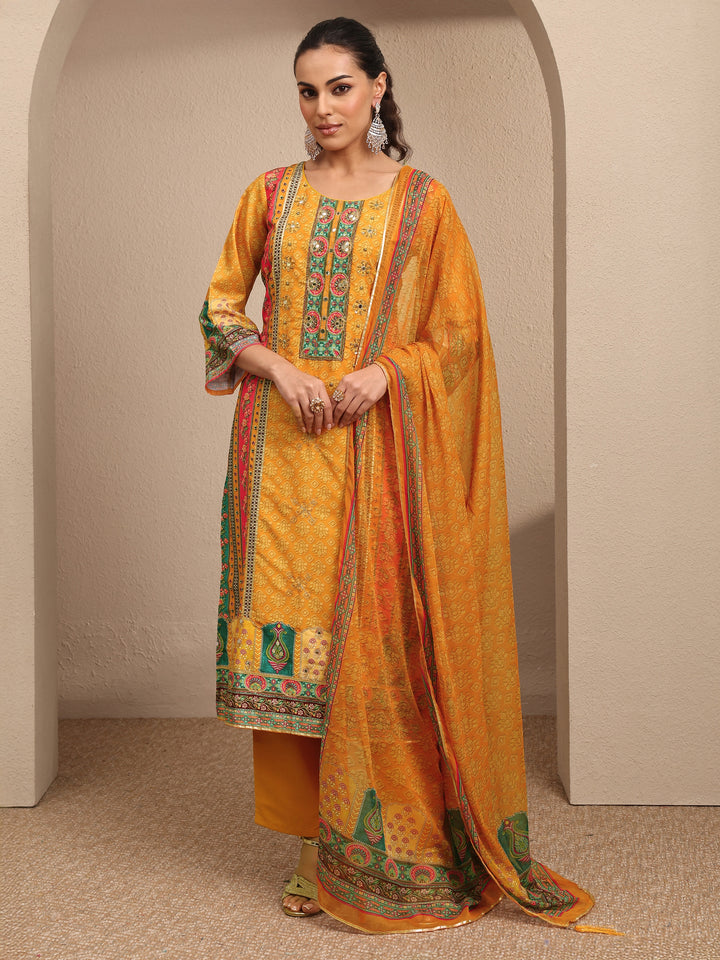 Multi Printed Silk blend Straight Suit Set With Dupatta